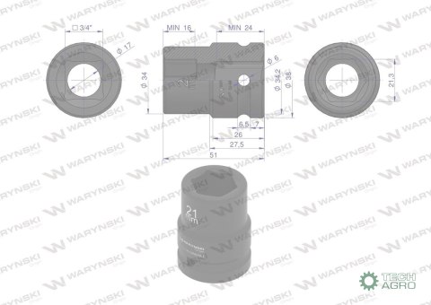 Nasadka udarowa sześciokątna 3/4". 21 mm. CrMo. DIN 3129. Waryński Nasadka udarowa sześciokątna 3/4". 21 mm. CrMo. DIN 3129. Waryński