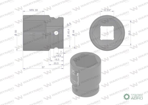 Nasadka udarowa sześciokątna 3/4". 35 mm. CrMo. DIN 3129. Waryński Nasadka udarowa sześciokątna 3/4". 35 mm. CrMo. DIN 3129. Waryński