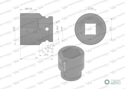 Nasadka udarowa sześciokątna 3/4". 37 mm. CrMo. DIN 3129. Waryński Nasadka udarowa sześciokątna 3/4". 37 mm. CrMo. DIN 3129. Waryński