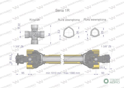 Wał przegubowo-teleskopowy 1010-1580mm 210Nm 10270 CE seria 1R WARYŃSKI WA21-101 Wał przegubowo-teleskopowy 1010-1580mm 210Nm 10270 CE seria 1R WARYŃSKI WA21-101