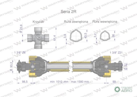 Wał przegubowo-teleskopowy 1010-1580mm 270Nm widłak Z21 skręcany na śrubę 40270 CE seria 2R WARYŃSKI Wał przegubowo-teleskopowy 1010-1580mm 270Nm widłak Z21 skręcany na śrubę 40270 CE seria 2R WARYŃSKI