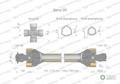 Wał przegubowo-teleskopowy 1110-1750mm460Nm widłak Z21 od st.maszyny CE seria 3R WARYŃSKI