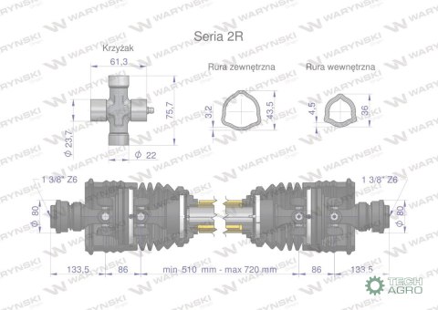 Wał przegubowo-teleskopowy 510-720mm 270Nm szerokokątny z dwóch stron CE seria 2R WARYŃSKI Wał przegubowo-teleskopowy 510-720mm 270Nm szerokokątny z dwóch stron CE seria 2R WARYŃSKI