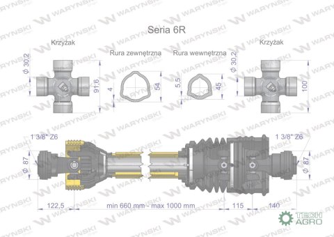 Wał przegubowo-teleskopowy 660-1000mm 830Nm szerokokątny CE 2020 seria 6R WARYŃSKI Wał przegubowo-teleskopowy 660-1000mm 830Nm szerokokątny CE 2020 seria 6R WARYŃSKI