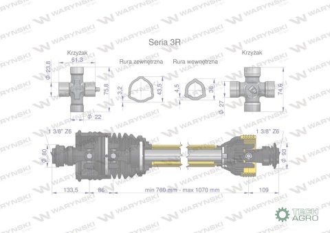 Wał przegubowo-teleskopowy 760-1070mm460Nm szerokokątny CE seria 3R WARYŃSKI
