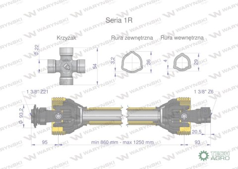 Wał przegubowo-teleskopowy 860-1250mm 210Nm widłak Z21 od ciągnika CE seria 1R WARYŃSKI Wał przegubowo-teleskopowy 860-1250mm 210Nm widłak Z21 od ciągnika CE seria 1R WARYŃSKI