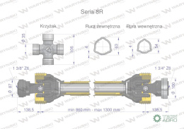 Wał przegubowo-teleskopowy 860-1300mm 1240Nm Z6 - 1 3/4 CE 2020 seria 8R Waryński