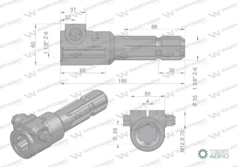 Redukcja adapter na śrubę 1 1/8" 6 wpustów na wałek 1 3/8" 6 wpustów WARYŃSKI Redukcja adapter na śrubę 1 1/8" 6 wpustów na wałek 1 3/8" 6 wpustów WARYŃSKI