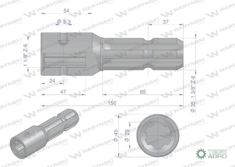 Redukcja adapter z otworem zabezpieczającym 1 1/8" 6 wpustów na wałek 1 3/8" 6 wpustów WARYŃSKI Redukcja adapter z otworem zabezpieczającym 1 1/8" 6 wpustów na wałek 1 3/8" 6 wpustów WARYŃSKI
