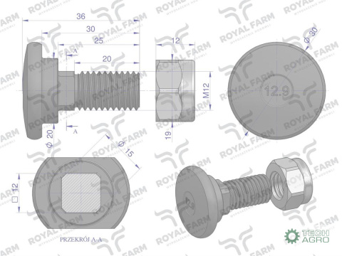 Śruba nożyka kpl. M12x35 zastosowanie Taarup Kverneland ROYAL FARM 56403100 Śruba nożyka kpl. M12x35 zastosowanie Taarup Kverneland ROYAL FARM 56403100