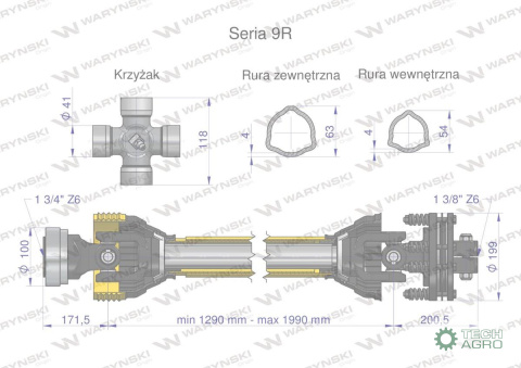 Wał, przegubowo-teleskopowy 1290-1990mm 1890Nm Z6 - 1 3/4 z drugiej strony sprzęgło cierne 2500Nm CE 2020 seria 9R, Waryński Wał, przegubowo-teleskopowy 1290-1990mm 1890Nm Z6 - 1 3/4 z drugiej strony sprzęgło cierne 2500Nm CE 2020 seria 9R, Waryński