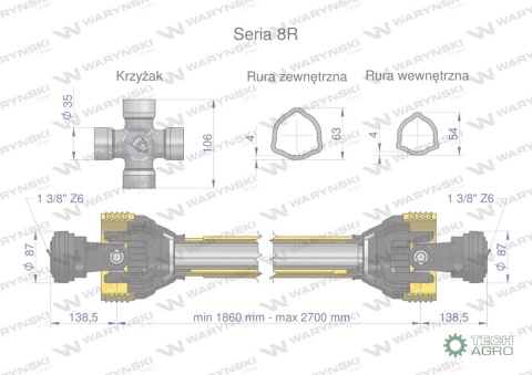 Wał, przegubowo-teleskopowy 1860-2700mm 1240Nm CE 2020 seria 8R, Waryński Wał, przegubowo-teleskopowy 1860-2700mm 1240Nm CE 2020 seria 8R, Waryński