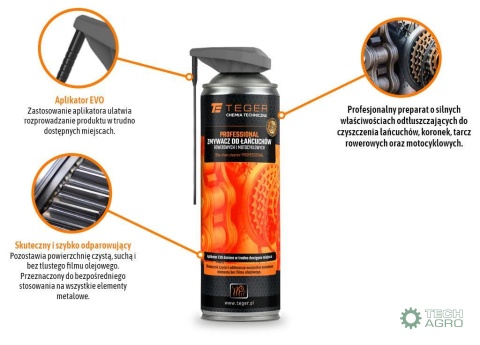 Zmywacz do łańcuchów rowerowych i motocyklowych PROFESSIONAL z aplikatorem EVO, 500ml, Teger
