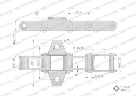 Łańcuch podajnika pochyłego 38.4V łapka K1 co 4 ogniwo 5m Waryński