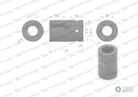 Nasadka udarowa sześciokątna 1" długa. 30 mm. CrMo. DIN 3129 Waryński Nasadka udarowa sześciokątna 1" długa. 30 mm. CrMo. DIN 3129 Waryński