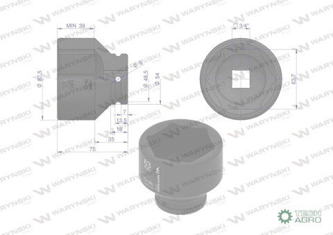 Nasadka udarowa sześciokątna 3/4". 63 mm. CrMo. DIN 3129. Waryński Nasadka udarowa sześciokątna 3/4". 63 mm. CrMo. DIN 3129. Waryński