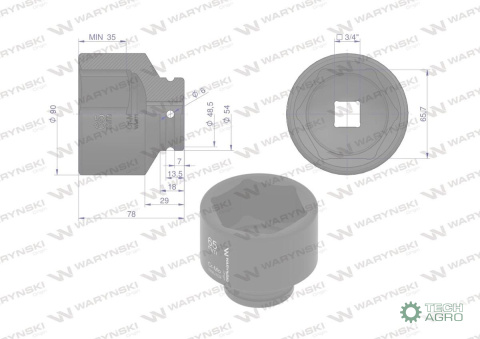 Nasadka udarowa sześciokątna 3/4". 65 mm. CrMo. DIN 3129. Waryński Nasadka udarowa sześciokątna 3/4". 65 mm. CrMo. DIN 3129. Waryński