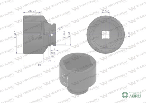 Nasadka udarowa sześciokątna 3/4". 67 mm. CrMo. DIN 3129. Waryński Nasadka udarowa sześciokątna 3/4". 67 mm. CrMo. DIN 3129. Waryński