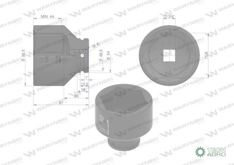 Nasadka udarowa sześciokątna 3/4". 70 mm. CrMo. DIN 3129. Waryński Nasadka udarowa sześciokątna 3/4". 70 mm. CrMo. DIN 3129. Waryński