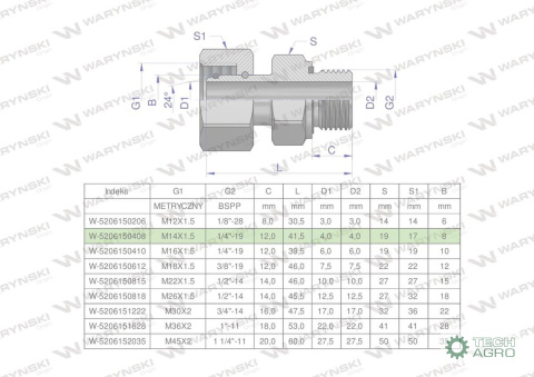 Przyłączka hydrauliczna AB (EVGE) M14x1.5 08L x 1/4" BSP ED Waryński ( sprzedawane po 2 )