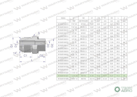 Przyłączka hydrauliczna BB 1 1/16"UNF (JIC) x M27x2 (XGE) Waryński ( sprzedawane po 2 )