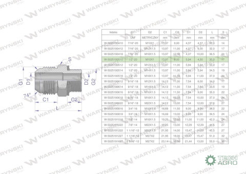 Przyłączka hydrauliczna BB 1/2"UNF (JIC) ) x M10x1 (XGE) Waryński