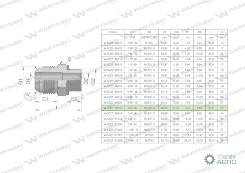 Przyłączka hydrauliczna BB 3/4"UNF (JIC) ) x M16x1.5 (XGE) Waryński