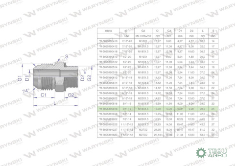 Przyłączka hydrauliczna BB 3/4"UNF (JIC) ) x M18x1.5 (XGE) Waryński