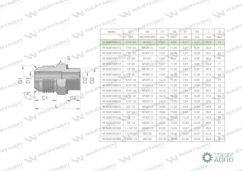 Przyłączka hydrauliczna BB 7/16"UNF (JIC C) (JIC) x M10x1 (XGE) Waryński