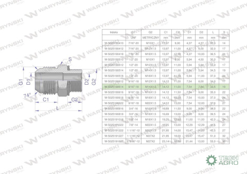 Przyłączka hydrauliczna BB 9/16"UNF (JIC C) x M14x1.5 (XGE) Waryński