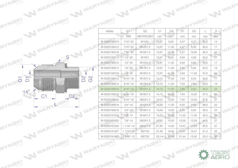 Przyłączka hydrauliczna BB 9/16"UNF (JIC C) x M16x1.5 (XGE) Waryński