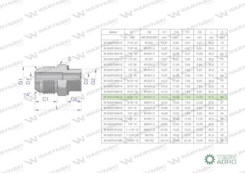 Przyłączka hydrauliczna BB 9/16"UNF (JIC C) x M18x1.5 (XGE) Waryński