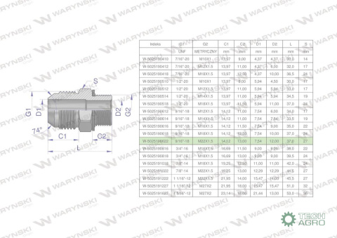 Przyłączka hydrauliczna BB 9/16"UNF (JIC C) x M22x1.5 (XGE) Waryński