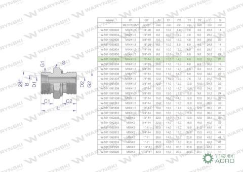 Przyłączka hydrauliczna BB (XGE) M14x1.5 08L x 1/2" BSP ED Waryński ( sprzedawane po 5 )