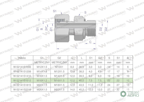 Przyłączka hydrauliczna metryczna AB (EVGE) M18x1.5 12L x M16x1.5 ED Waryński ( sprzedawane po 2 )