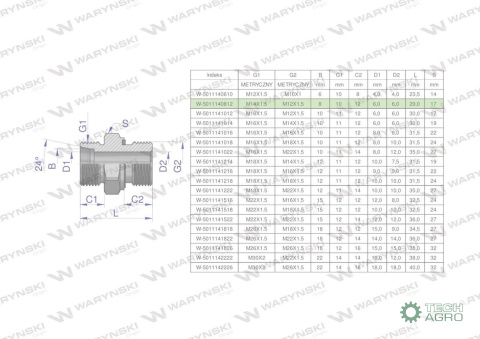 Przyłączka hydrauliczna metryczna BB (XGE) M14x1.5 08L x M12x1.5 ED Waryński ( sprzedawane po 5 )