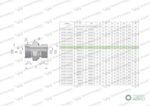 Przyłączka hydrauliczna metryczna BB (XGE) M16x1.5 10L x M22x1.5 ED Waryński ( sprzedawane po 5 )