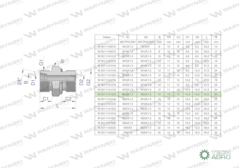 Przyłączka hydrauliczna metryczna BB (XGE) M18x1.5 12L x M22x1.5 ED Waryński ( sprzedawane po 10 )