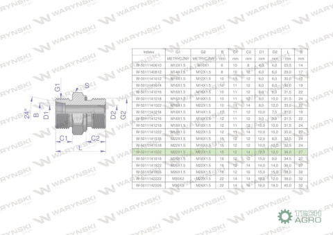 Przyłączka hydrauliczna metryczna BB (XGE) M22x1.5 15L x M22x1.5 ED Waryński ( sprzedawane po 10 )