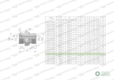 Przyłączka hydrauliczna metryczna BB (XGE) M26x1.5 18L x M18x1.5 ED Waryński ( sprzedawane po 2 )