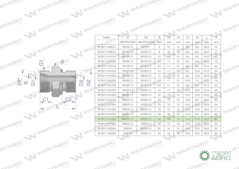 Przyłączka hydrauliczna metryczna BB (XGE) M26x1.5 18L x M22x1.5 ED Waryński ( sprzedawane po 2 )