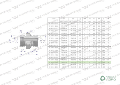 Przyłączka hydrauliczna metryczna BB (XGE) M26x1.5 18L x M26x1.5 ED Waryński ( sprzedawane po 2 )