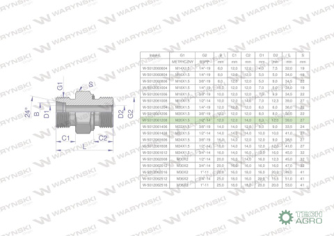 Przyłączka hydrauliczna (odmiana ciężka XGE) BB M20x1.5 12S x 1/2" BSP ED Waryński ( sprzedawane po 5 )