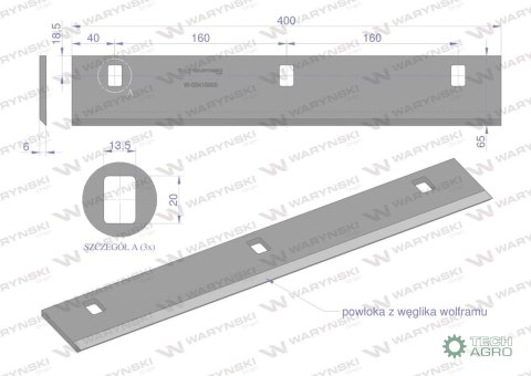 Nóż walca zrywacza napawany 400x63x6 otwory 3x20mm zastosowanie Capello WARYŃSKI Nóż walca zrywacza napawany 400x63x6 otwory 3x20mm zastosowanie Capello WARYŃSKI