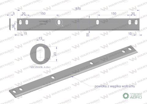 Nóż walca zrywacza napawany 570x54x5 otwory 6x23.7mm DR11030 zastosowanie Olimac WARYŃSKI Nóż walca zrywacza napawany 570x54x5 otwory 6x23.7mm DR11030 zastosowanie Olimac WARYŃSKI
