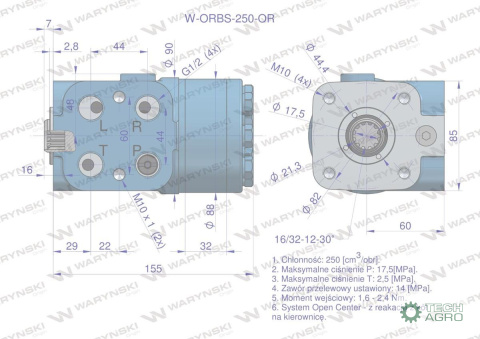 Orbitrol hydrauliczny W-ORBS-OR 315 cm3/obr z zaworami (System Open Center - z reakcją z kół na kierownicę) Waryński
