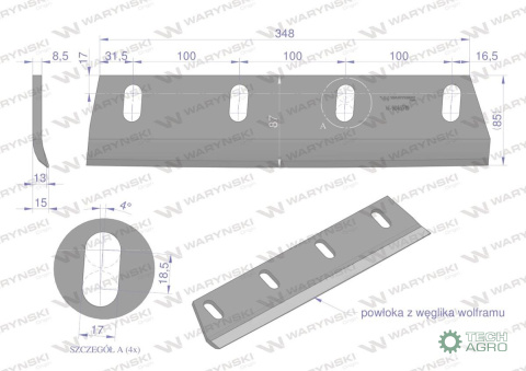 Nóż sieczkarni napawany prawy do trawy 380x90x8.5R otwory 4x35mm zastosowanie Claas Jaguar 9846710 WARYŃSKI