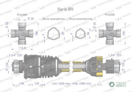 Wał, przegubowo-teleskopowy 1290-1990mm 1240Nm szerokokątny Z20 - 1 3/4 z drugiej strony sprzęgło jednokierunkowe Z20 - 1 3/4 C