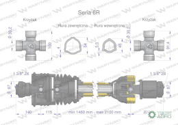 Wał, przegubowo-teleskopowy 1460-2100mm 830Nm szerokokątny z drugiej strony sprzęgło zapadkowe 1500Nm CE 2020 seria 6R, Waryńsk