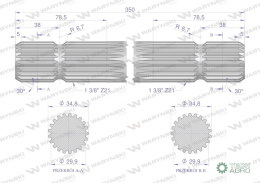 Wałek, WOM frezowany dwustronnie 350mm Z21 - 1 3/8, Waryński